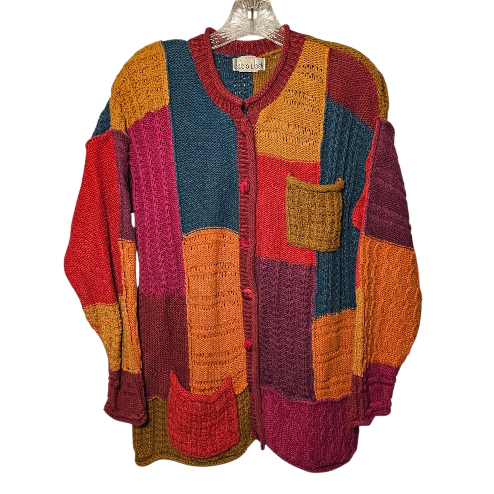 Vintage SAMPLE debra lubell Cottagecore Patchwork Earthy Knit Cardigan Sweater